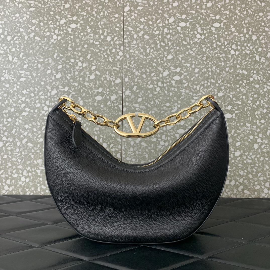 Valentino Garavani VLogo Moon Small Hobo Bag in Black Nappa Leather 